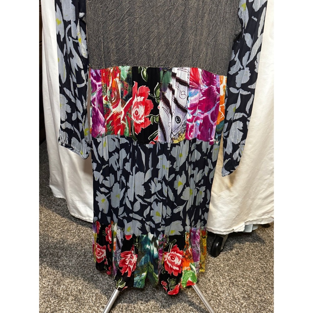 030 Young Threads Mixed Media Patchwork Beaded Boho Midi Dress Grey Floral M - Picture 9 of 9